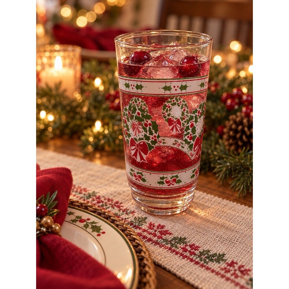 Vintage Indiana Glass Victorian Christmas Holly Wreath Tumbler 16 oz 7.5”